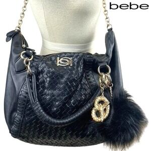 Vintage BEBE Vegan Hobo Purse Bag Black Charms Gold Chain McBling Y2K Brat